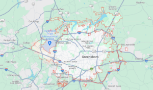 Mobile Locksmith Greensboro, NC - Your Emergency Locksmith Solution Map, Service Areas, Piedmont Triad International Airport, Red Dotted Lines