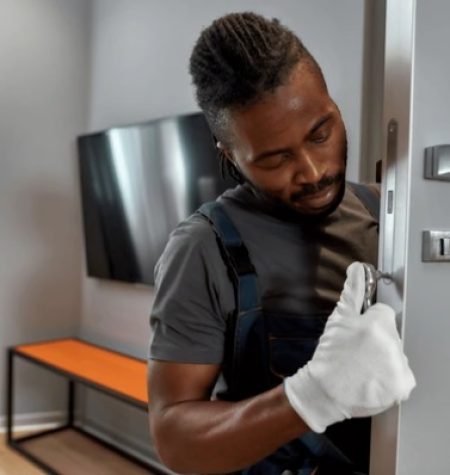 A locksmith from Cary wearing gloves is fixing or inspecting a door handle.